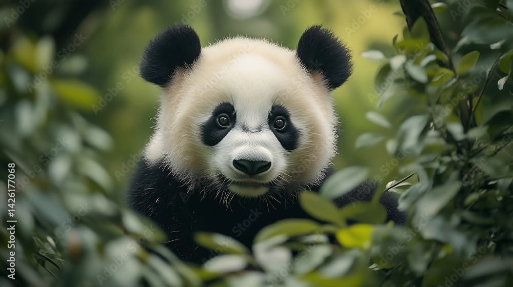 Naklejka premium A curious giant panda peeks through lush green foliage, showcasing its distinctive black and white fur.