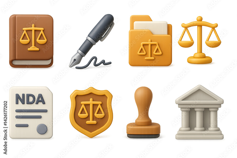 Legal and justice icon set – 3d law and contract symbols for legal documents, court representation, and regulations: scales, pen, folder, nda, shield, stamp, courthouse