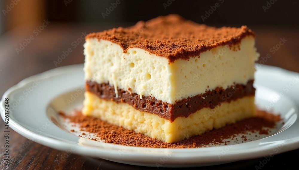 Individual tiramisu portion, rich espresso soaked ladyfingers, fluffy mascarpone, close-up, cocoa Individual tiramisu portion, rich espresso soaked ladyfingers, fluffy mascarpone, close-up, cocoa