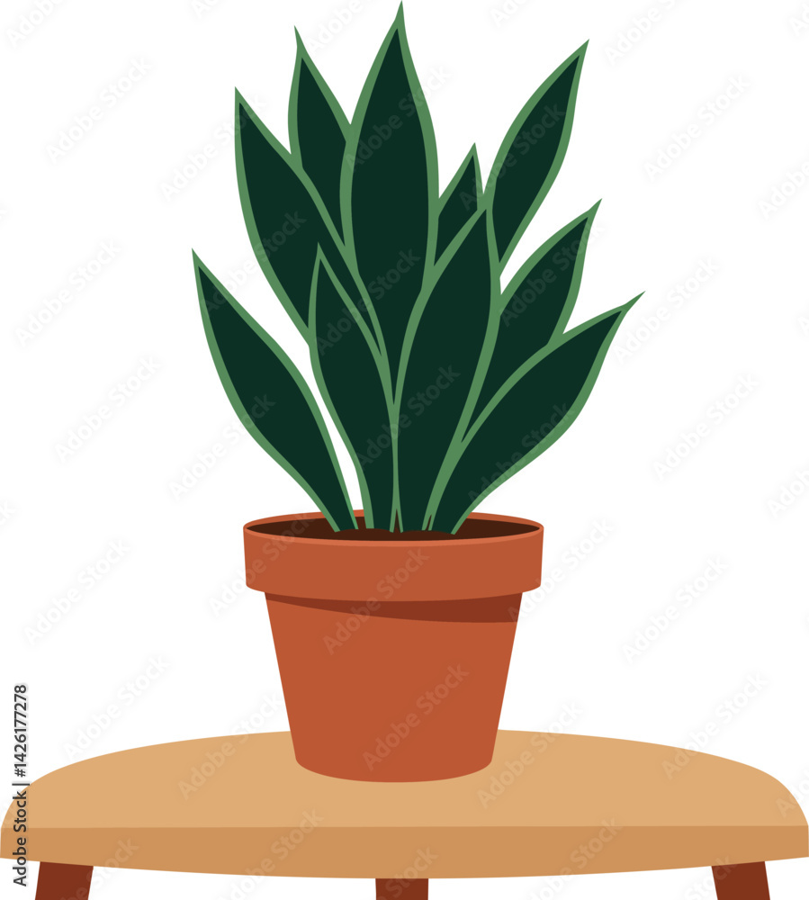 Fototapeta premium Snake plant in terracotta pot on wooden stand indoor houseplant illustration vector 