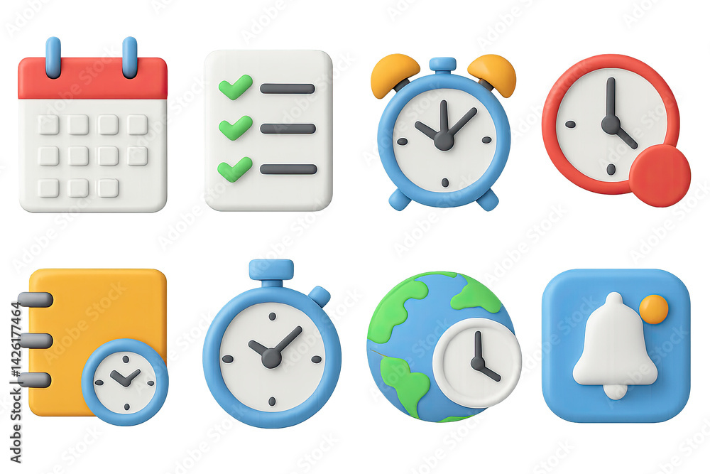 Time management 3d icon set – vibrant task planning and scheduling symbols for productivity and organization: calendar, checklist, alarm clock, stopwatch, globe, bell