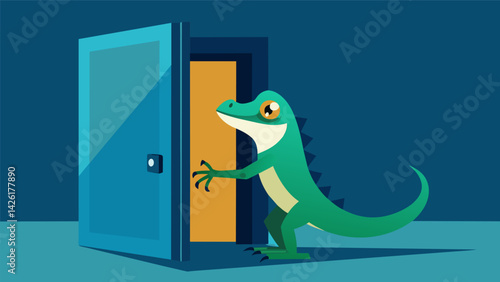 A confident lizard confidently strolling through the opening of an electronic pet door claiming its territory.. Vector illustration