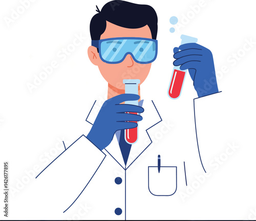 Scientist holding test tubes with blue gloves and protective goggles in laboratory vector illustration 