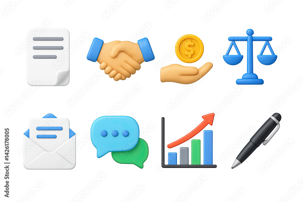 Business and finance icon set – 3d style economic and corporate symbols for professional use: contract, handshake, coin, scales, mail, chat, growth chart, pen