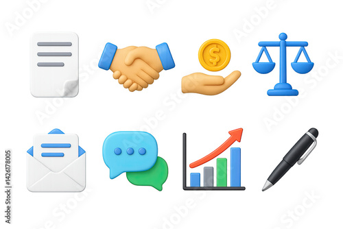 Obraz na płótnie Business and finance icon set – 3d style economic and corporate symbols for professional use: contract, handshake, coin, scales, mail, chat, growth chart, pen w salonie
