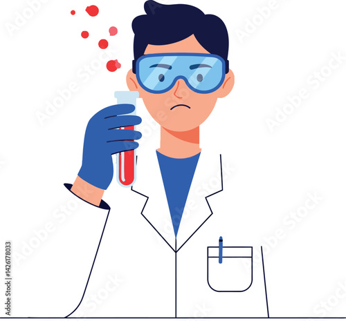Male scientist holding test tube with red liquid wearing lab coat and safety goggles vector illustration 