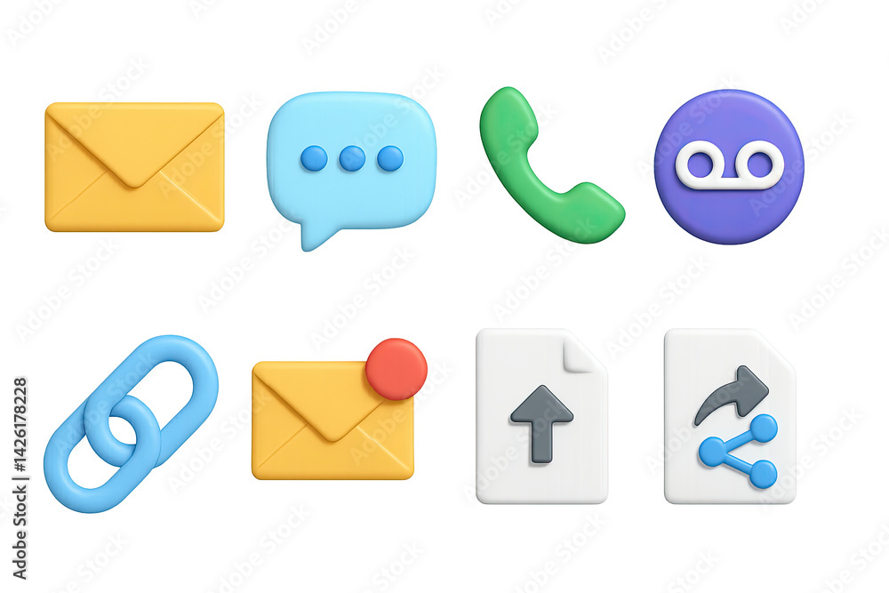 Communication and messaging icon set – 3d style symbols for email, chat, calls, voicemail, link sharing, notifications, file upload, sharing