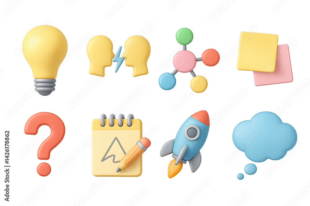 Education and creativity icon set – 3d style symbols for learning, innovation, and design: light bulb, conversation heads, mind map, sticky notes, question mark, rocket, thought bubble