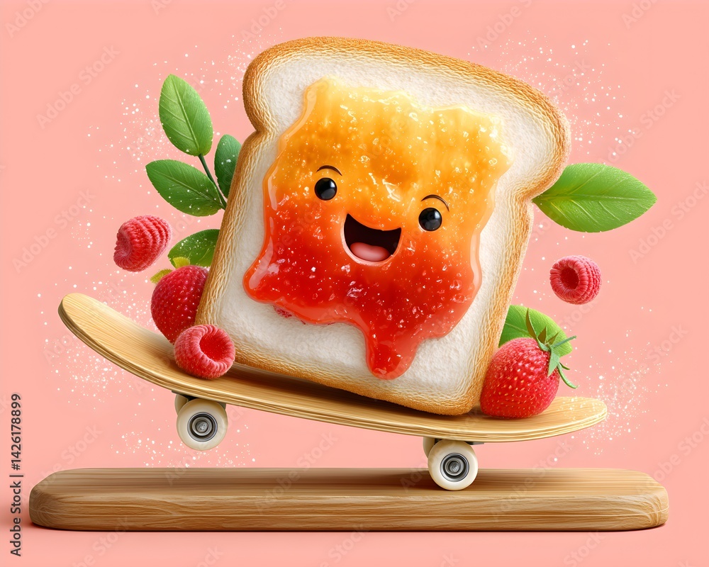 A playful cartoon toast character with jam on a skateboard, combining food art with fun, whimsy, and motion in a cartoonish style.
