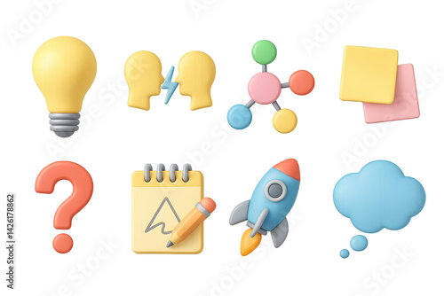 Obraz na płótnie Education and creativity icon set – 3d style symbols for learning, innovation, and design: light bulb, conversation heads, mind map, sticky notes, question mark, rocket, thought bubble w salonie