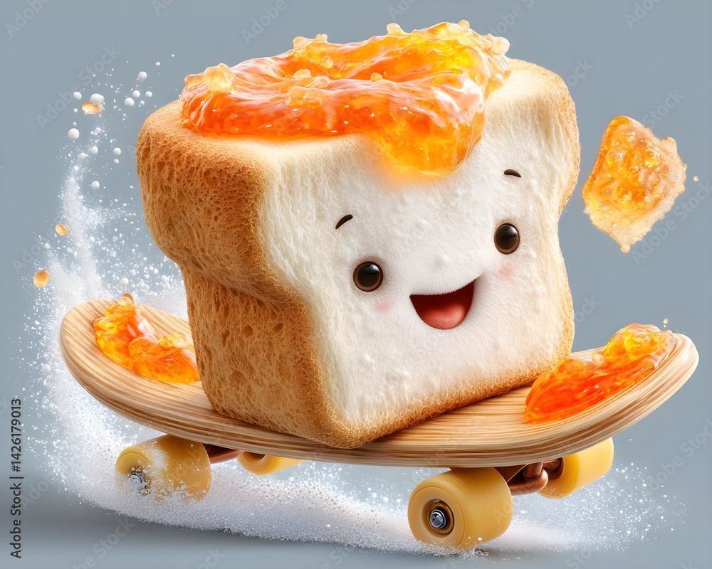 A playful cartoon toast character with jam on a skateboard, combining food art with fun, whimsy, and motion in a cartoonish style.