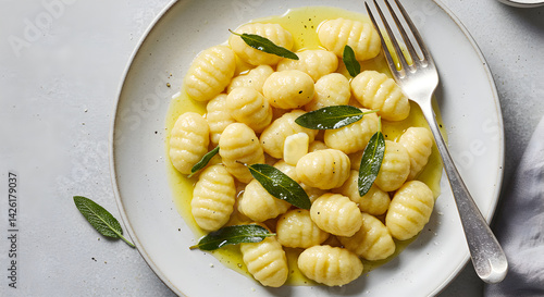 Delicious Plate Of Gnocchi With Sage And Butter Sauce Close Up