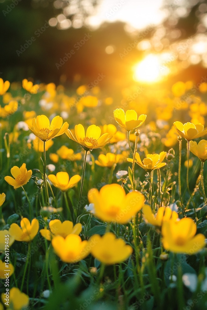 Fototapeta premium High-Precision Photography Capturing Spring’s Colorful Buttercup Blossoms in Glorious Sunshine