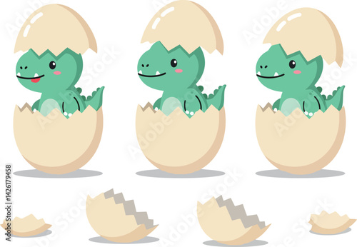 Cute green baby dinosaur hatching from eggs vector illustration in cartoon style 