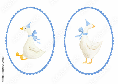 Cute goose. Adorable farm birds in different poses, funny characters. Childish print, kids textile and nursery decor. Stickers set. Watercolor cartoon flat isolated illustration