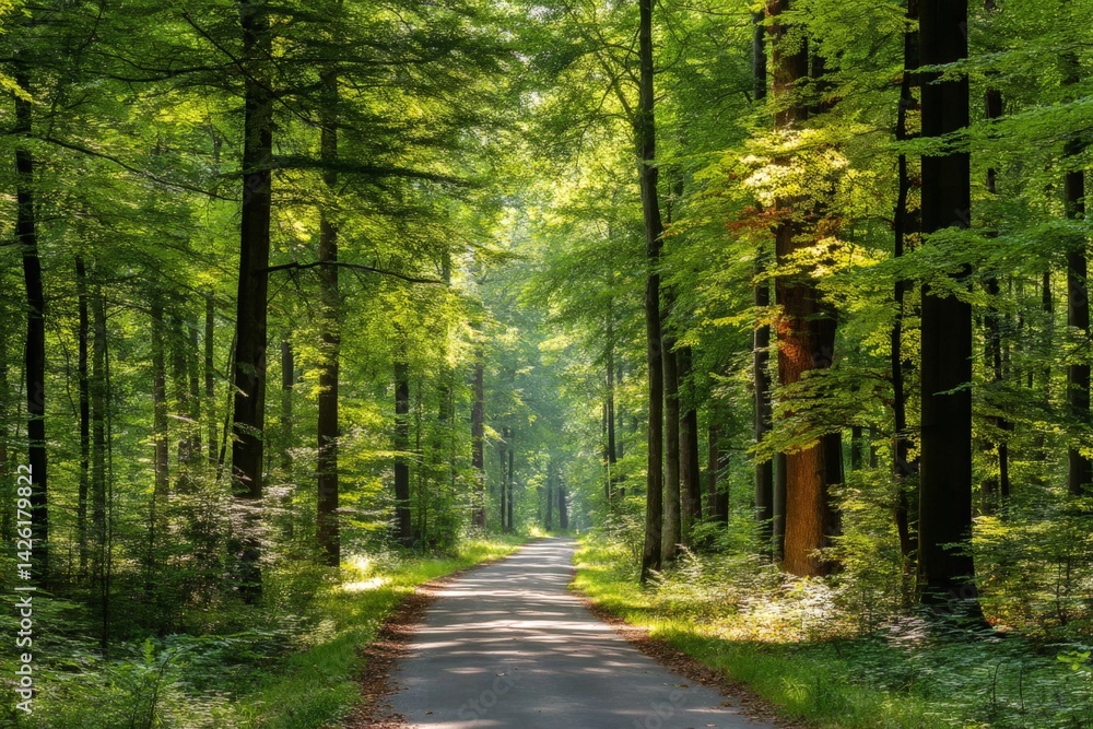 Obraz premium Lush green forest path reveals solitude and tranquility during a sunny day in nature
