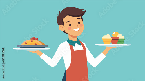 A young man in a servers apron smiling as he brings plates of food to a table of hungry customers knowing that his tips will help pay for his next. Vector illustration