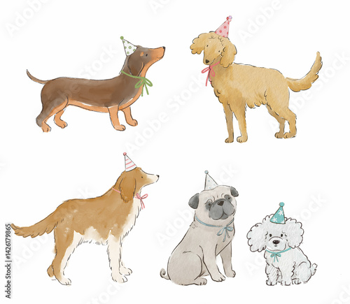 Cute Dogs Doodle Watercolor Set - Cartoon Dogs in Caps Character Designs, Set of Funny Pet Animals Isolated on White Background