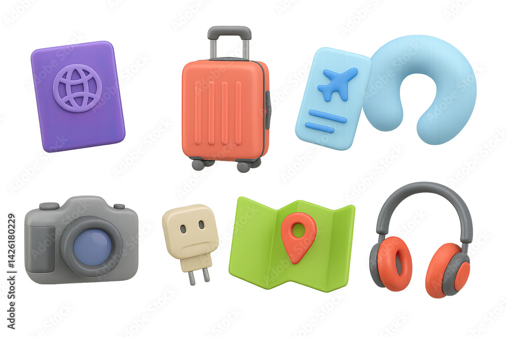Travel and tourism icon set – 3d vacation and adventure graphics for trip planning and sightseeing: passport, suitcase, airplane ticket, neck pillow, camera, plug, map, headphones