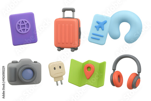 Obraz na płótnie Travel and tourism icon set – 3d vacation and adventure graphics for trip planning and sightseeing: passport, suitcase, airplane ticket, neck pillow, camera, plug, map, headphones w salonie