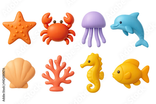 Obraz na płótnie Marine life icon set — 3d ocean and sea creatures symbols for underwater exploration: starfish, crab, jellyfish, dolphin, shell, coral, seahorse, fish w salonie