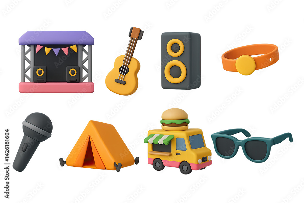 Music event icon set – 3d festival and concert symbols: stage, guitar, speaker, wristband, microphone, tent, food truck, sunglasses