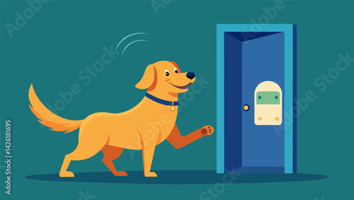 A golden retriever excitedly bounds through the smart pet door greeted by a gentle beep of recognition.. Vector illustration