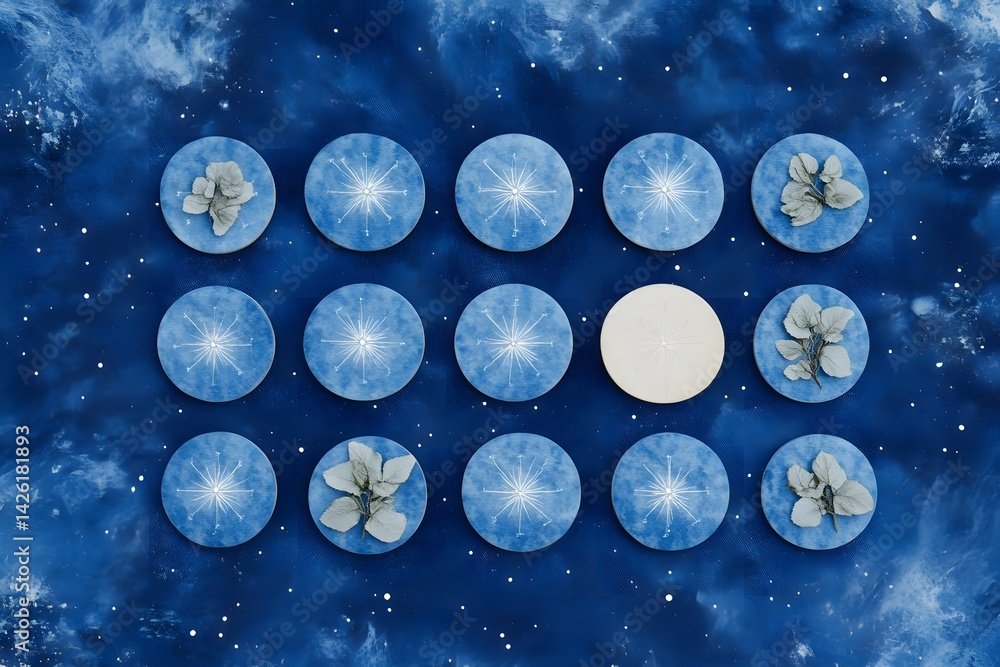 Obraz premium Mystical Celestial Arrangement Blue Circles with Starburst and Plants on a Night Sky Background