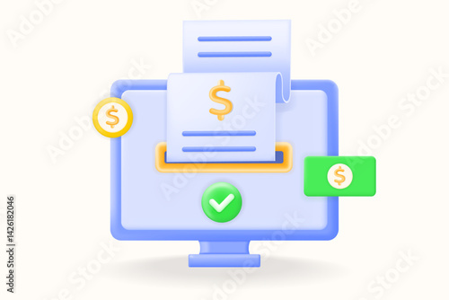 3D illustration vector, online billing and payment processing. Secure digital invoice with money transaction, computer screen. commerce, and online payment solutions