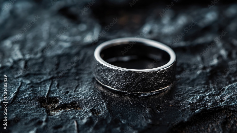 A close-up of a black and silver ring on a dark, textured surface, emphasizing its sophisticated design and perfect craftsmanship, ideal for high-end jewelry collections. A close-up of a black and silver ring on a dark, textured surface, emphasizing its sophisticated design and perfect craftsmanship, ideal for high-end jewelry collections.