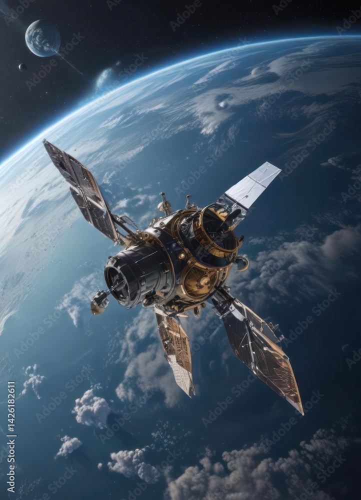 Obraz premium High-tech satellite orbiting Earth, broadcasting internet access , space, network