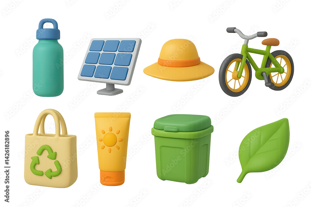 Eco-friendly 3d icons set – sustainable lifestyle and green living symbols: water bottle, solar panel, hat, bicycle, tote bag, sunscreen, recycling bin, leaf