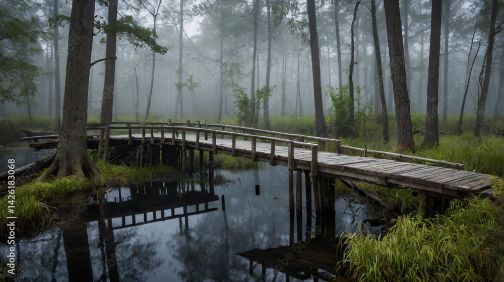 Wooden footbridge across calm waters in mystical forest setting with fog Wooden footbridge across calm waters in mystical forest setting with fog