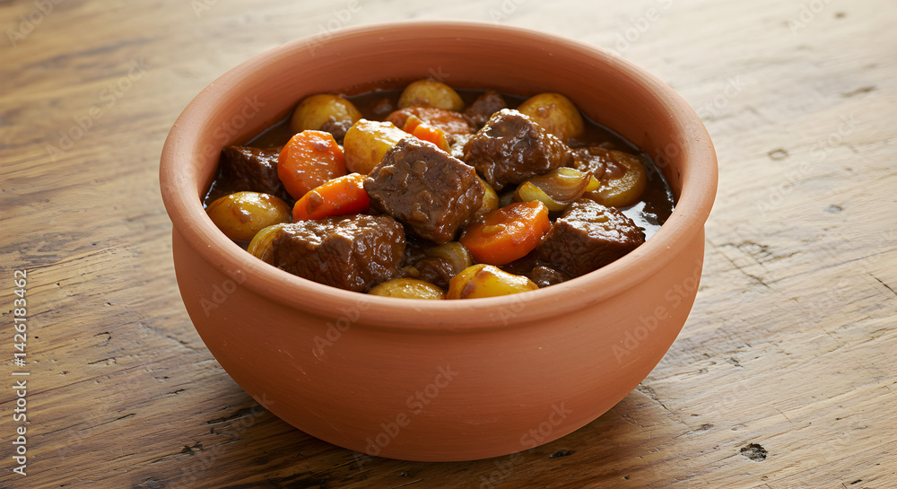 Rustic Beef Stew Presentation In A Terracotta Bowl On Wood Surface Rustic Beef Stew Presentation In A Terracotta Bowl On Wood Surface