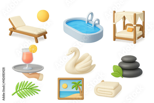 Relaxation and spa 3d icon set – wellness and relaxation symbols for spa bookings, self-care, and tranquility: lounger, pool, canopy bed, cocktail, swan, stones, palm leaf, beach scene