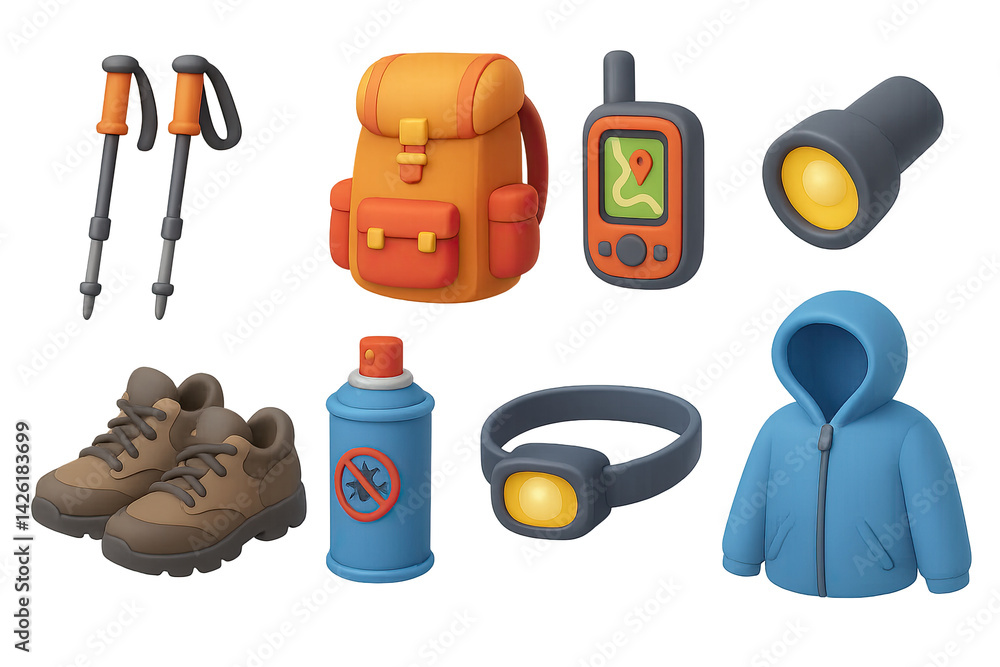 Outdoor adventure icon set – 3d style hiking and navigation symbols for survival gear, camping, and exploration: backpack, gps device, flashlight, hiking boots, spray can, jacket