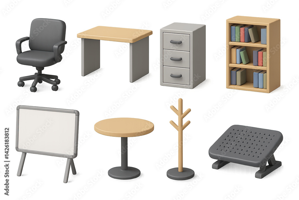 Office furniture icon set – 3d style workspace and interior symbols for office design: desk, chair, bookshelf, filing cabinet, whiteboard, table, coat rack, footrest