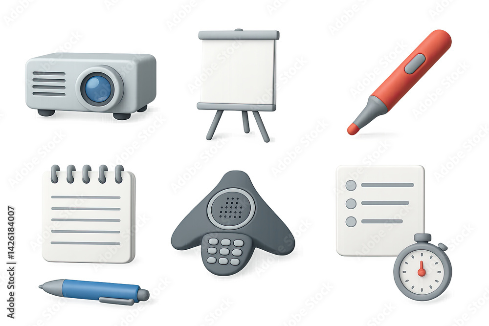 Office tools icon set – 3d style business and productivity symbols for workplace efficiency, meeting, and organization: projector, whiteboard, marker, notepad, stopwatch