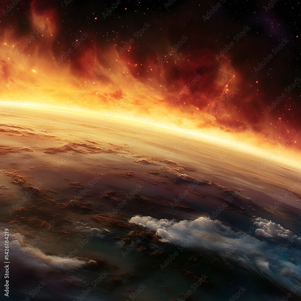 Fiery Sunset over a Distant Planet A Breathtaking Space Landscape Witness the radiant glow of a celestial sunset Fiery Sunset over a Distant Planet A Breathtaking Space Landscape Witness the radiant glow of a celestial sunset
