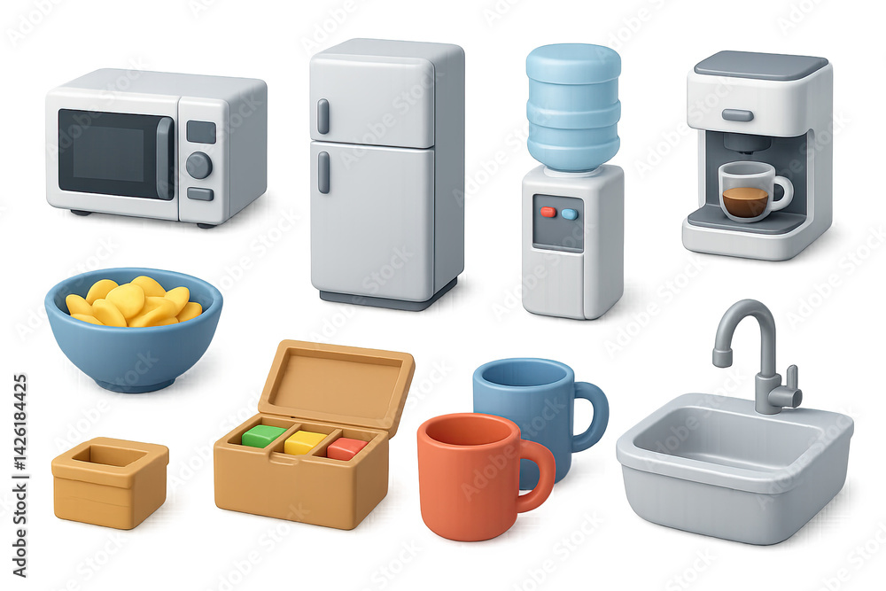 Household kitchen 3d icon set – vibrant culinary and appliance symbols for home utility, meal preparation, and beverage service: microwave, refrigerator, water cooler, coffee maker, sink