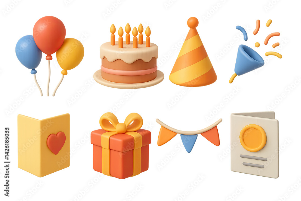 Party celebration 3d icons set – isometric style for festive event planning, birthday decoration, and holiday fun: balloons, cake, party hat, confetti, gift, card, banner