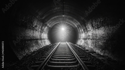 A dark and silent tunnel with train tracks running through it, no trains in sight, only shadows and dim light.