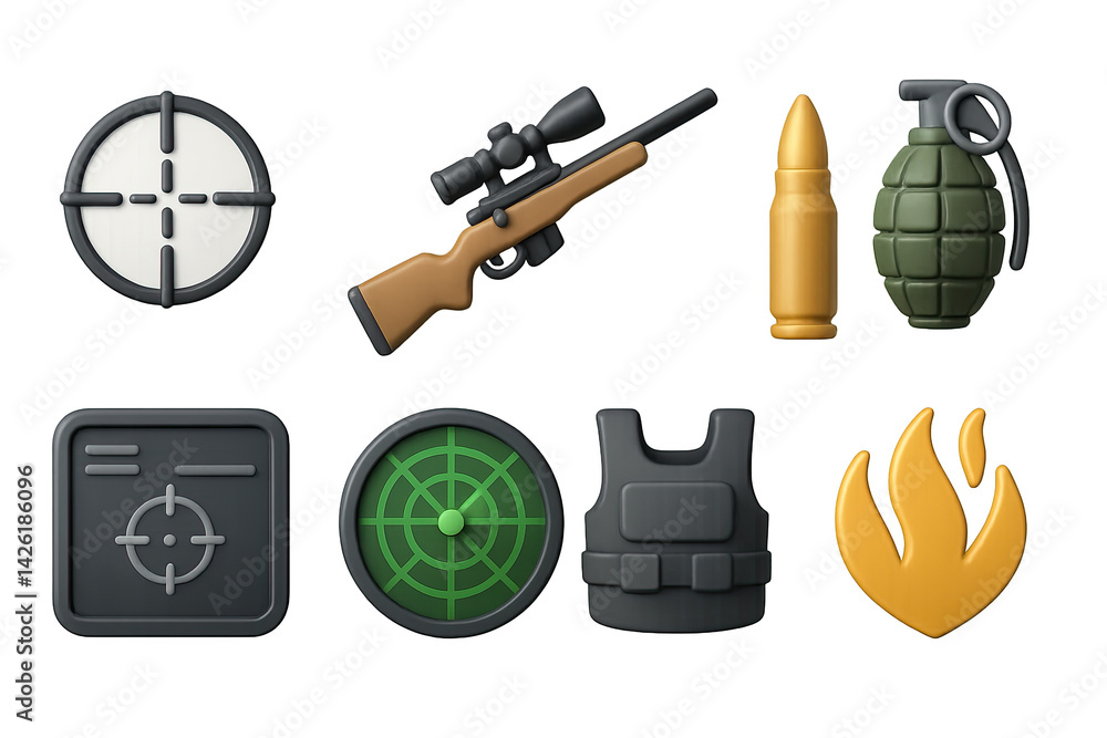 Military and combat 3d icon set – tactical warfare and defense elements for strategy games: sniper rifle, bullet, grenade, target, radar, bulletproof vest, fire, crosshair