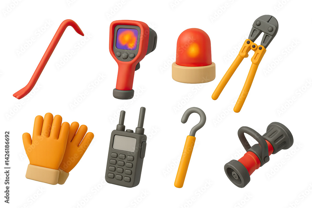 Firefighting tools icon set – 3d style emergency and safety equipment for first responders, rescue operations, and emergency services: fire extinguisher,