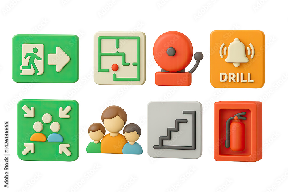 Emergency evacuation and safety icon set - 3d style alert and safety planning symbols for crisis management: exit sign, fire alarm, drill, fire extinguisher, emergency exit, staircase, evacuation plan