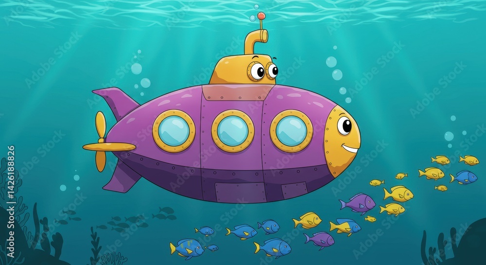 Obraz premium Colorful submarine navigates through vibrant underwater world with fish