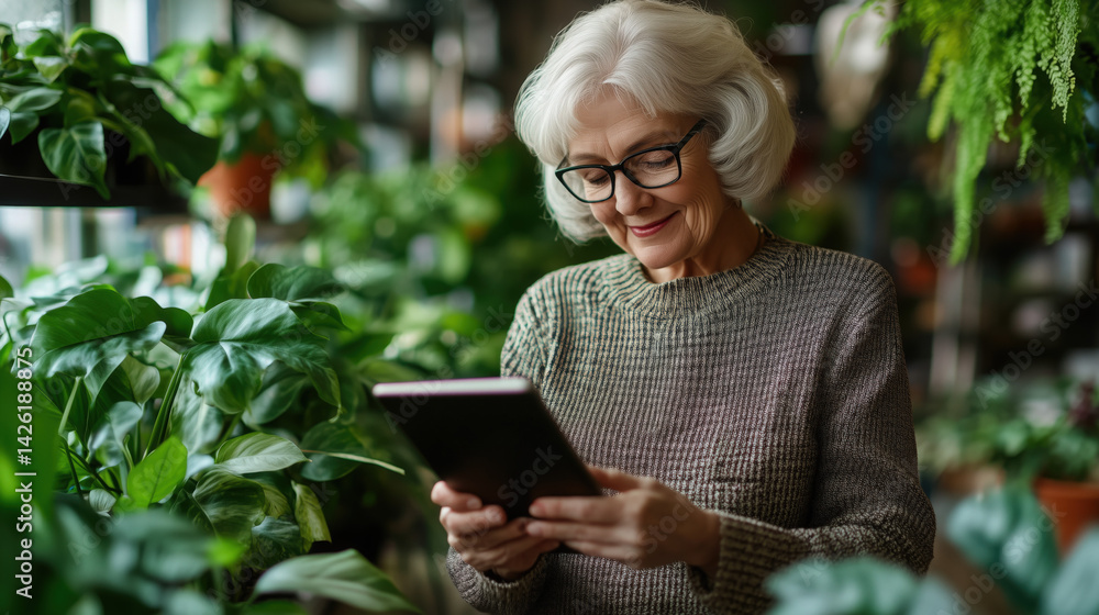 a cheerful senior woman checking inventory on a digital tablet among green plants a cheerful senior woman checking inventory on a digital tablet among green plants