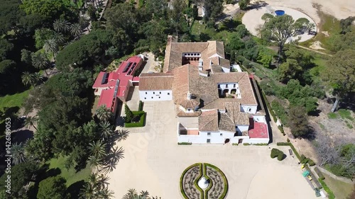 Aerial drone view of Santa Maria monastery in La Rabida. Rabida Monastery is a Franciscan monastery in the village of Palos de la Frontera, Huelva