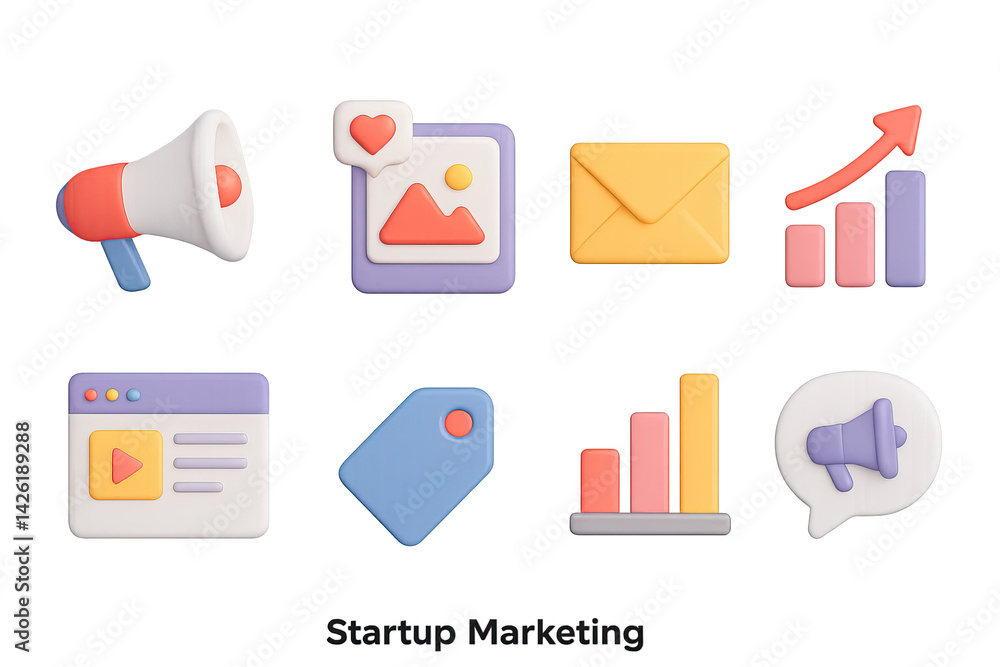 Startup marketing icon set – 3d social media and business growth symbols: megaphone, email, bar graph, image post, tag, line graph, video player, chat bubble