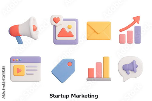 Obraz na płótnie Startup marketing icon set – 3d social media and business growth symbols: megaphone, email, bar graph, image post, tag, line graph, video player, chat bubble w salonie
